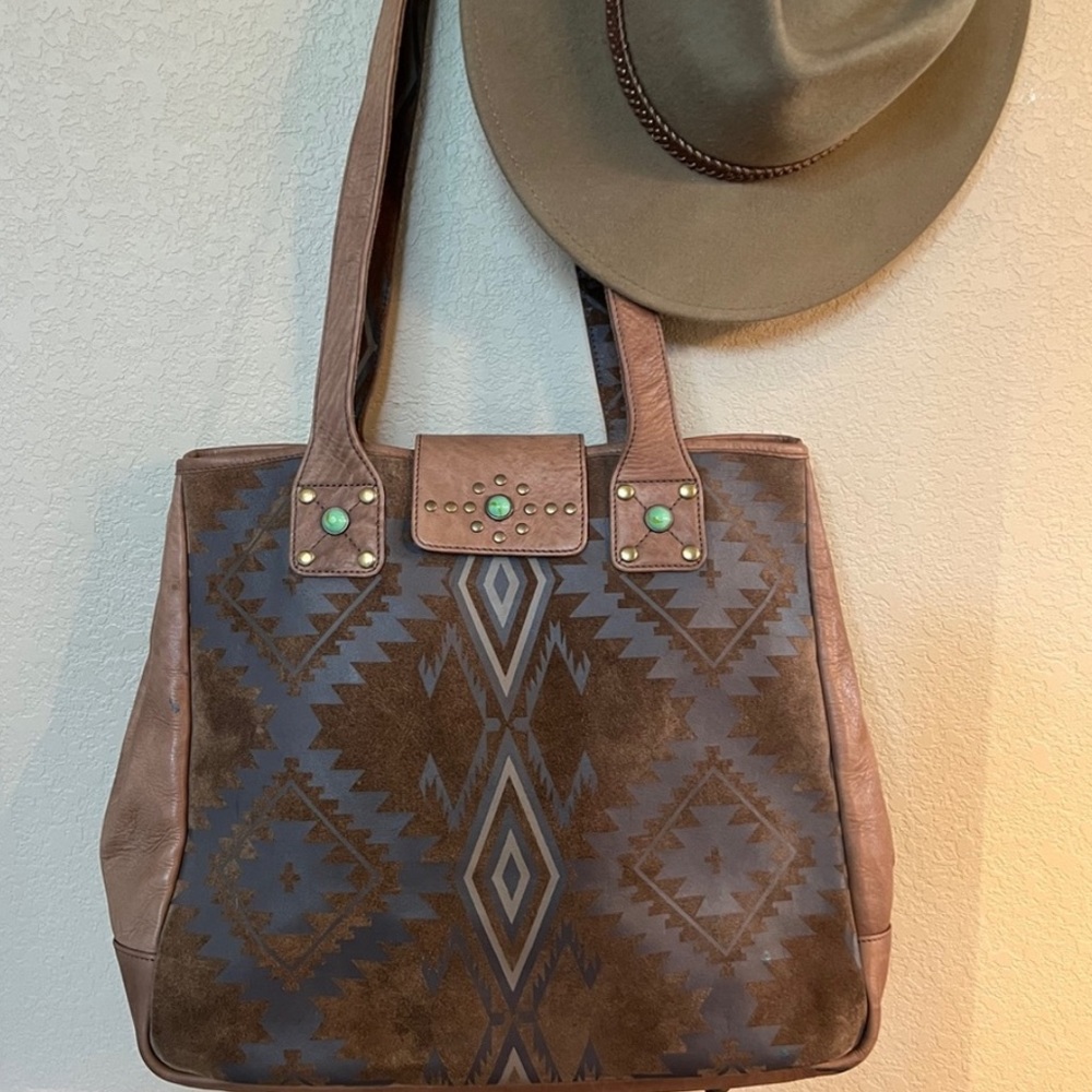 Tasha Polizzi | Suede & Leather Tote Bag w/Southwestern Print & Turquoise ♥ EUC
